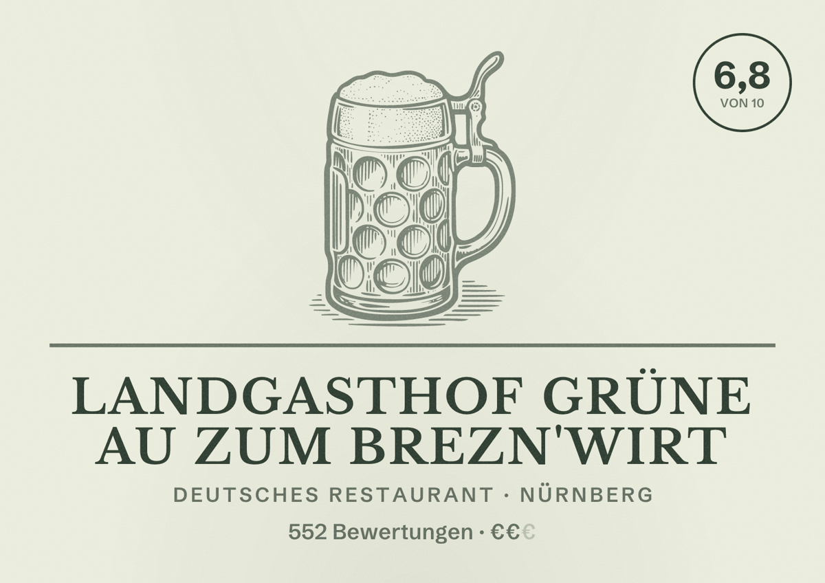 Illustriertes Poster von Landgasthof Grüne Au zum Brezn'wirt, Deutsches Restaurant in Nürnberg: Bewertung 6,8 von 10 aus 552 Bewertungen, Preisniveau €€
