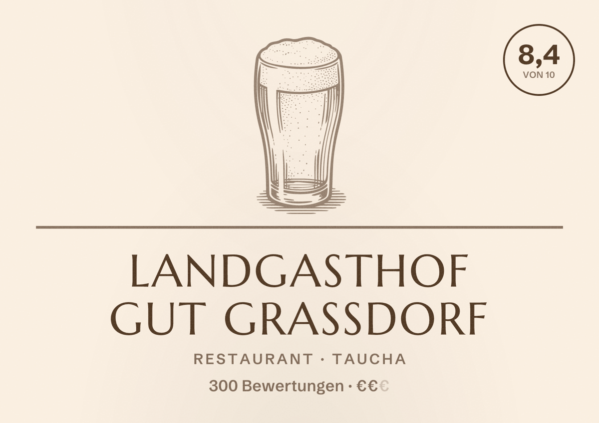 Illustriertes Poster von Landgasthof Gut Graßdorf, Restaurant in Taucha: Bewertung 8,4 von 10 aus 300 Bewertungen, Preisniveau €€