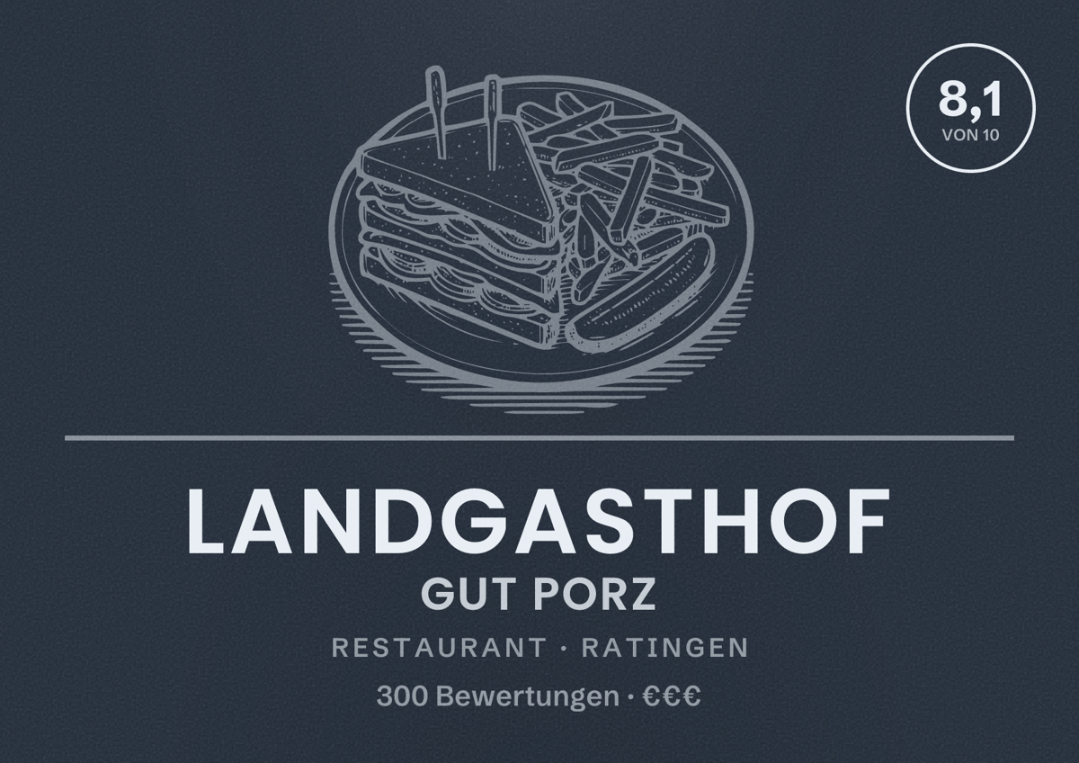 Illustriertes Poster von Landgasthof Gut Porz, Restaurant in Ratingen: Bewertung 8,1 von 10 aus 300 Bewertungen, Preisniveau €€€