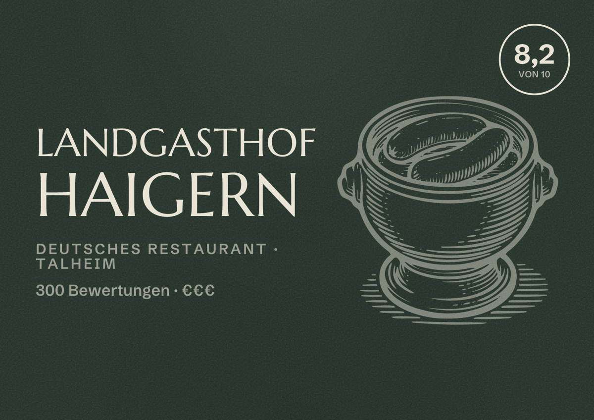 Illustriertes Poster von Landgasthof Haigern, Deutsches Restaurant in Talheim: Bewertung 8,2 von 10 aus 300 Bewertungen, Preisniveau €€€
