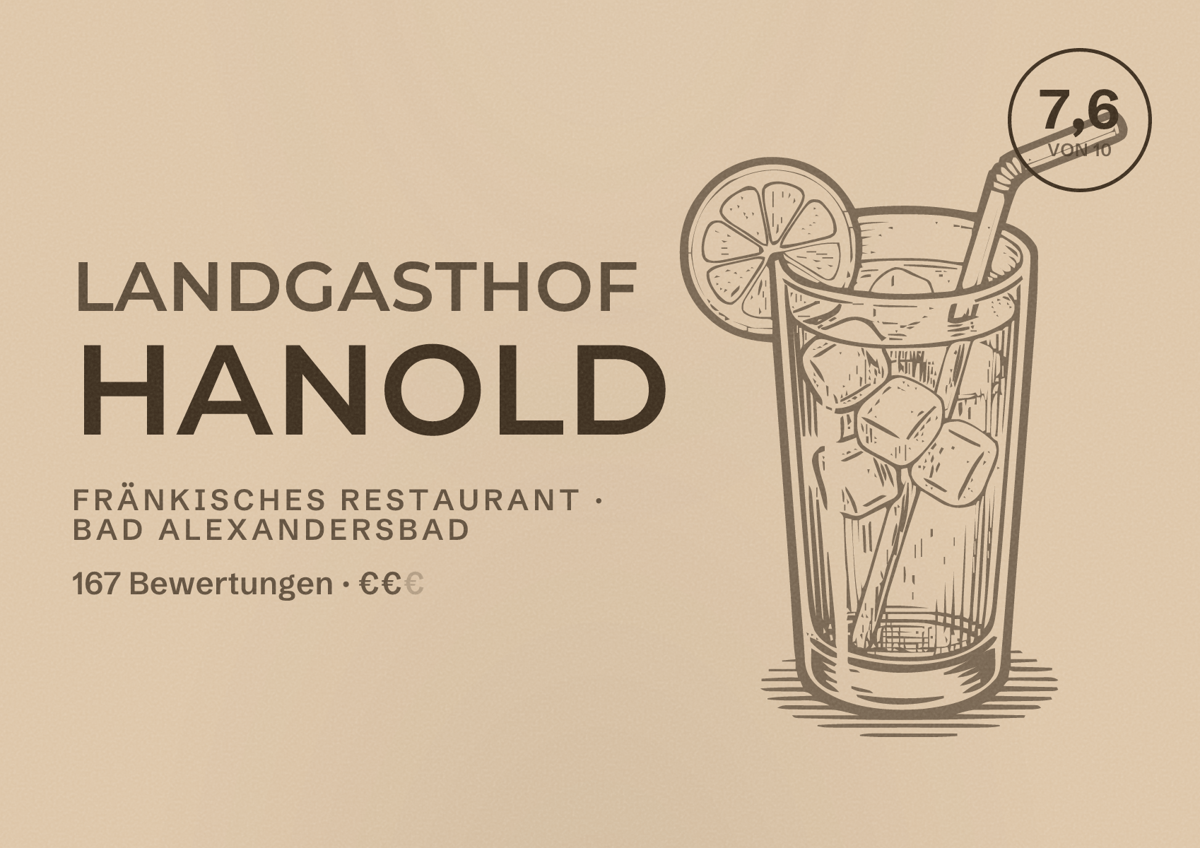 Illustriertes Poster von Landgasthof Hanold, Fränkisches Restaurant in Bad Alexandersbad: Bewertung 7,6 von 10 aus 167 Bewertungen, Preisniveau €€