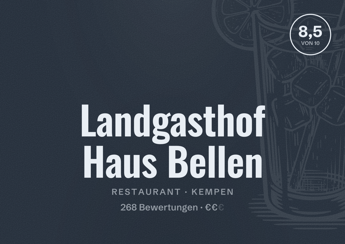 Illustriertes Poster von Landgasthof Haus Bellen, Restaurant in Kempen: Bewertung 8,5 von 10 aus 268 Bewertungen, Preisniveau €€