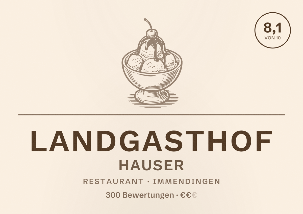 Illustriertes Poster von Landgasthof Hauser, Restaurant in Immendingen: Bewertung 8,1 von 10 aus 300 Bewertungen, Preisniveau €€