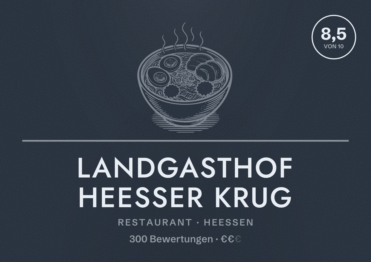 Illustriertes Poster von Landgasthof Heesser Krug, Restaurant in Heeßen: Bewertung 8,5 von 10 aus 300 Bewertungen, Preisniveau €€