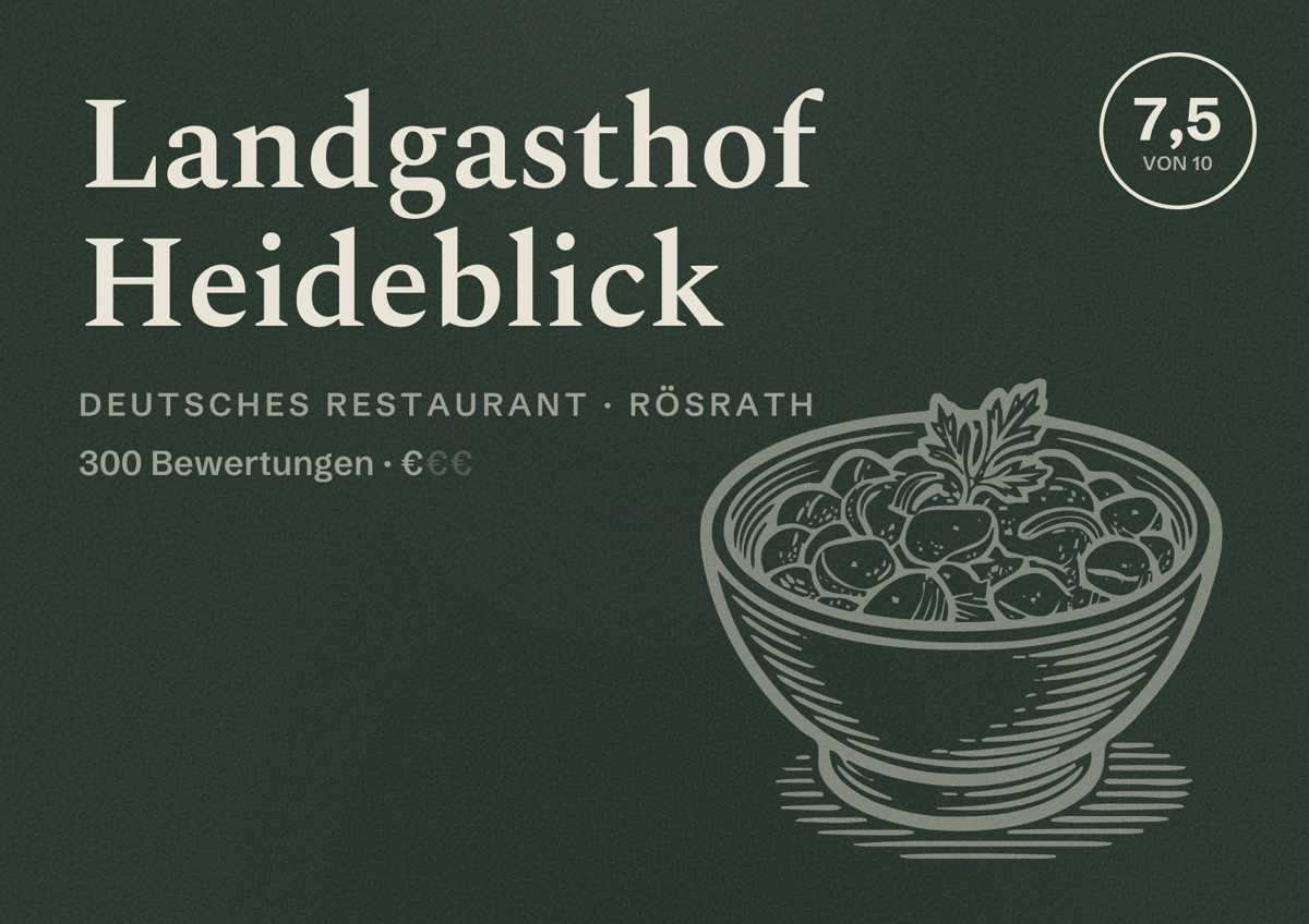 Illustriertes Poster von Landgasthof Heideblick, Deutsches Restaurant in Rösrath: Bewertung 7,5 von 10 aus 300 Bewertungen, Preisniveau €