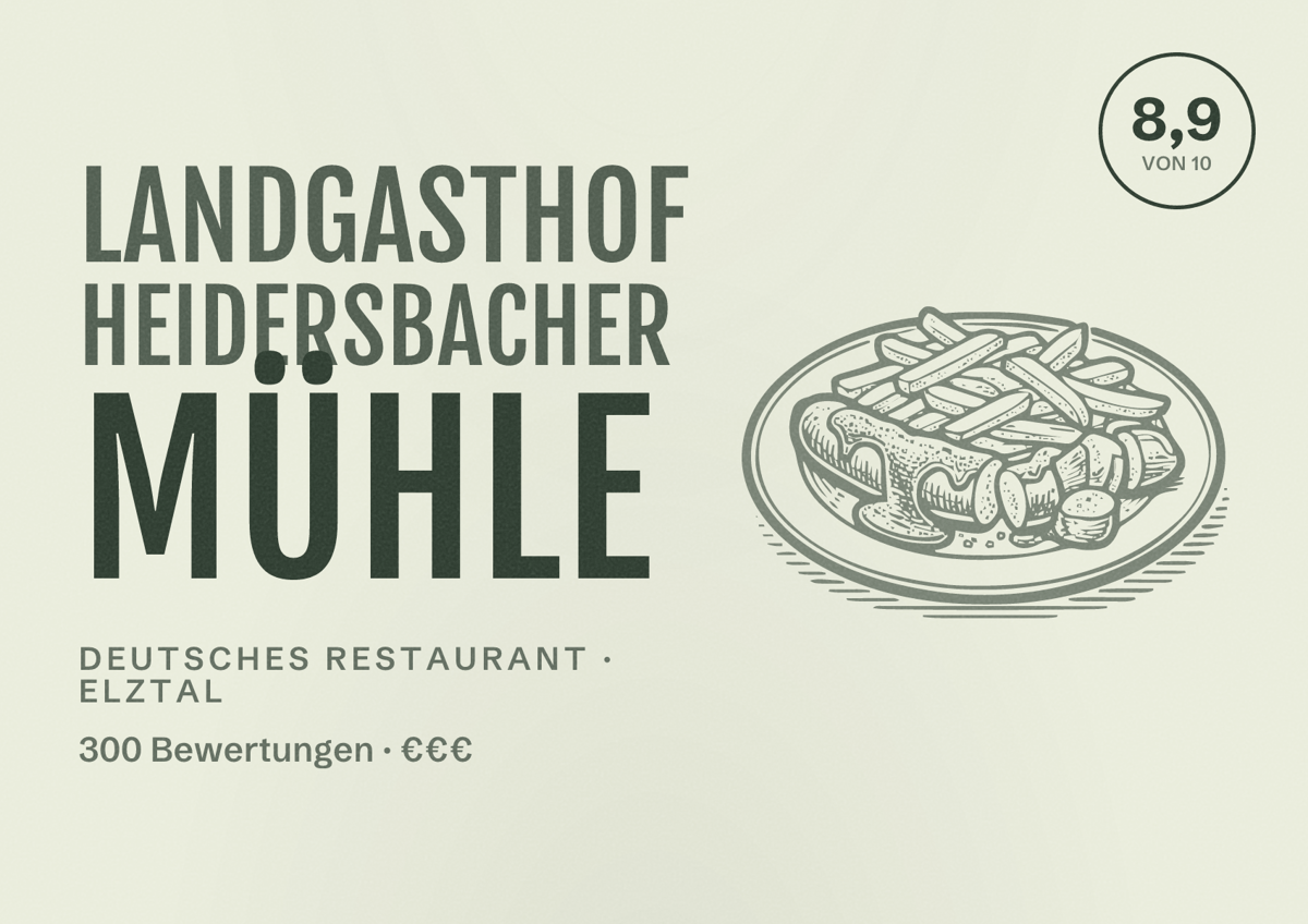 Illustriertes Poster von Landgasthof Heidersbacher Mühle, Deutsches Restaurant in Elztal: Bewertung 8,9 von 10 aus 300 Bewertungen, Preisniveau €€€