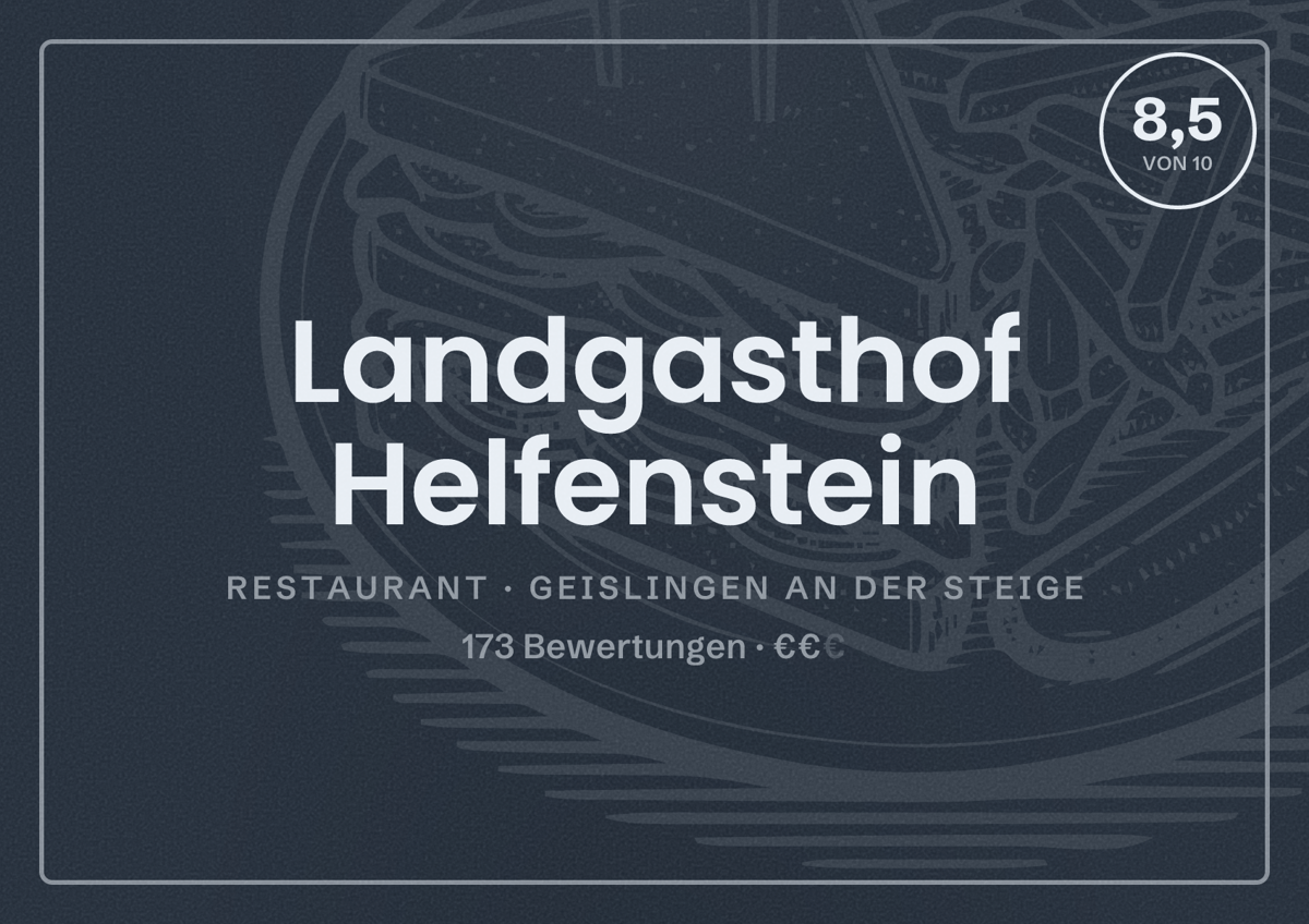 Illustriertes Poster von Landgasthof Helfenstein, Restaurant in Geislingen an der Steige: Bewertung 8,5 von 10 aus 173 Bewertungen, Preisniveau €€