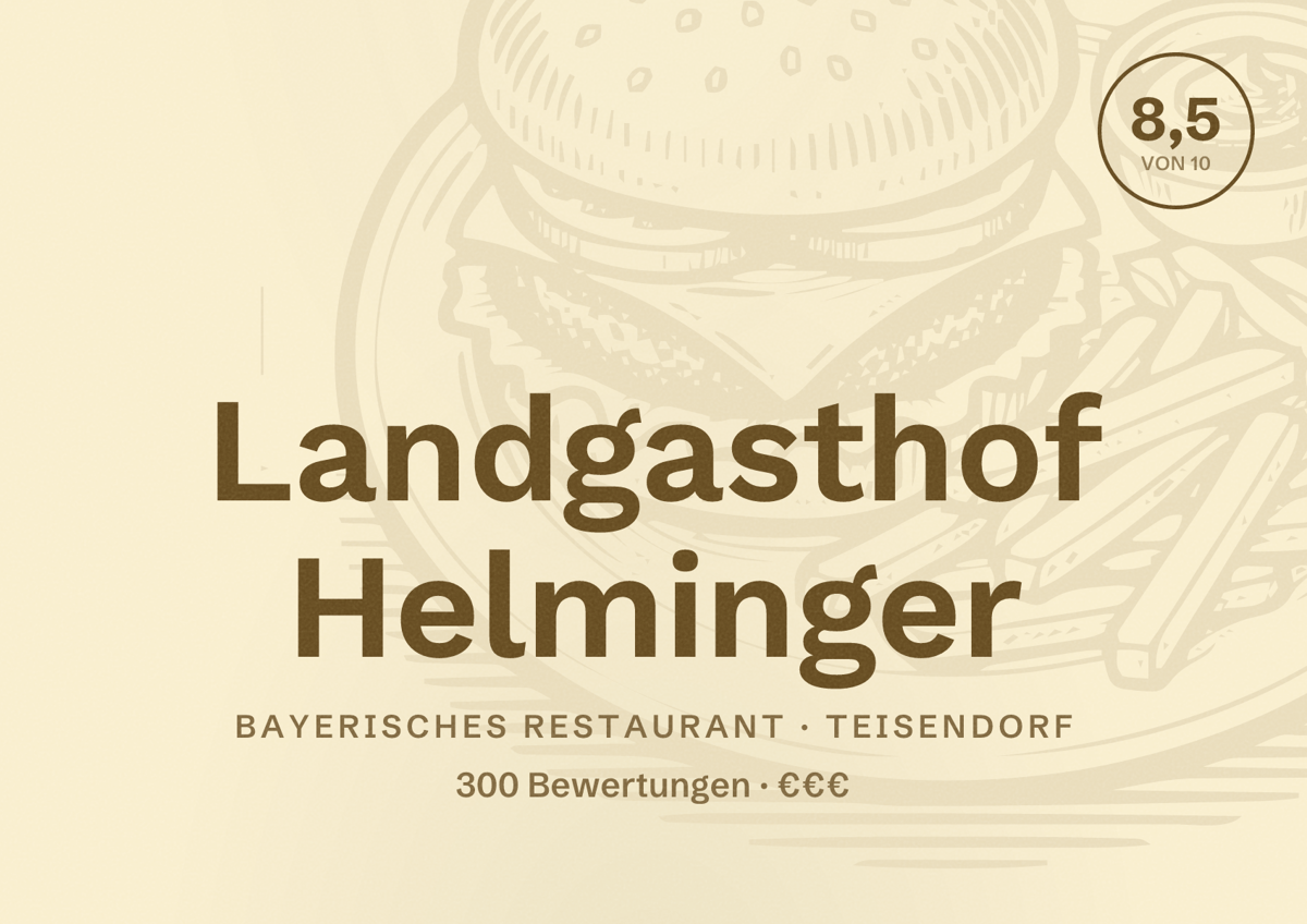 Illustriertes Poster von Landgasthof Helminger, Bayerisches Restaurant in Teisendorf: Bewertung 8,5 von 10 aus 300 Bewertungen, Preisniveau €€€