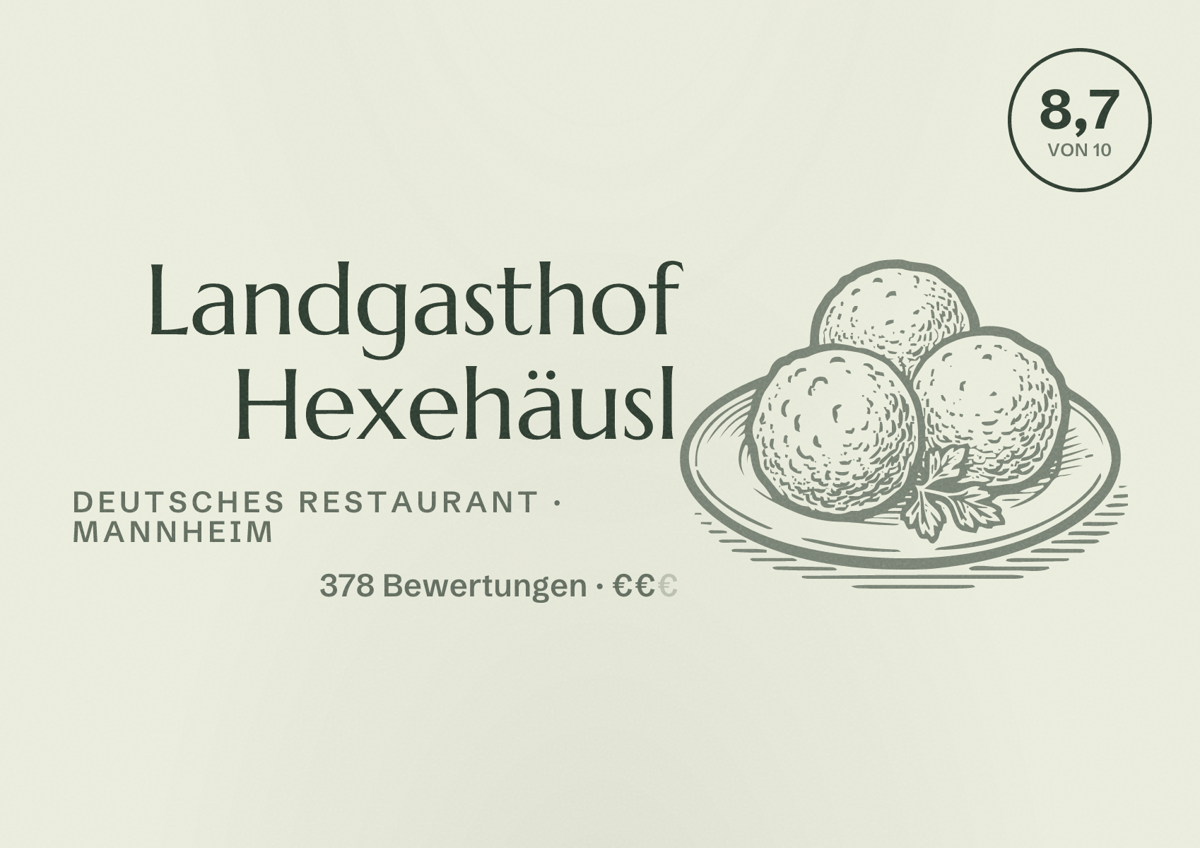 Illustriertes Poster von Landgasthof Hexehäusl, Deutsches Restaurant in Mannheim: Bewertung 8,7 von 10 aus 378 Bewertungen, Preisniveau €€