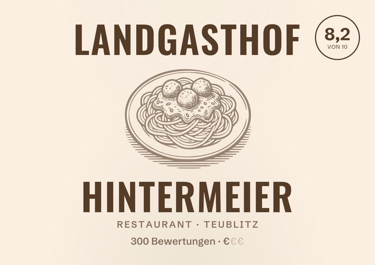 Illustriertes Poster von Landgasthof Hintermeier, Restaurant in Teublitz: Bewertung 8,2 von 10 aus 300 Bewertungen, Preisniveau €