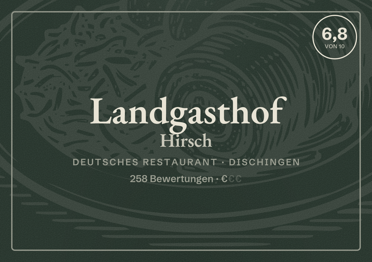 Illustriertes Poster von Landgasthof Hirsch, Deutsches Restaurant in Dischingen: Bewertung 6,8 von 10 aus 258 Bewertungen, Preisniveau €