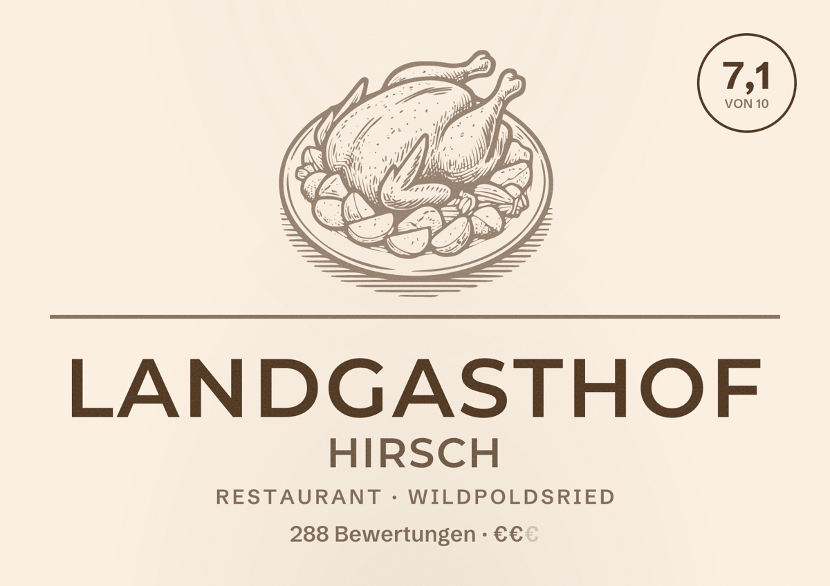 Illustriertes Poster von Landgasthof Hirsch, Restaurant in Wildpoldsried: Bewertung 7,1 von 10 aus 288 Bewertungen, Preisniveau €€