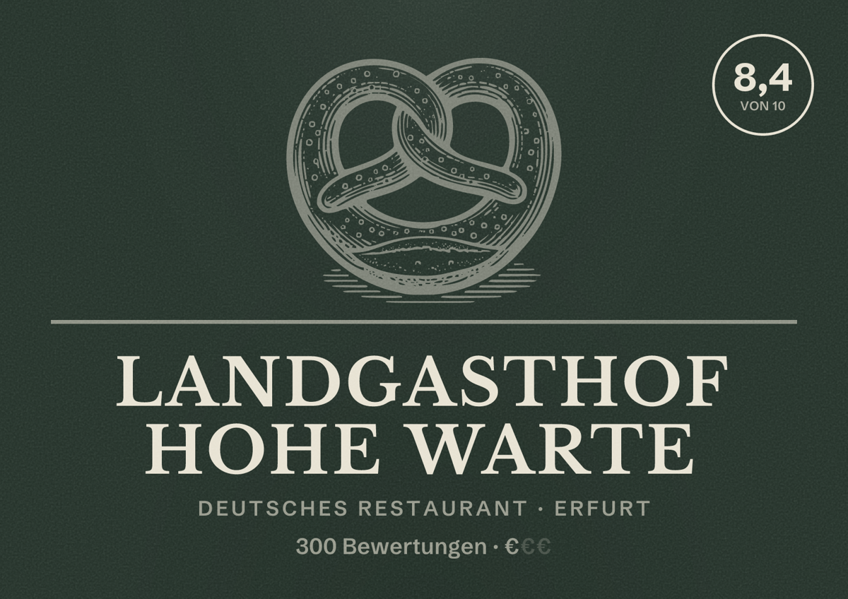 Illustriertes Poster von Landgasthof Hohe Warte, Deutsches Restaurant in Erfurt: Bewertung 8,4 von 10 aus 300 Bewertungen, Preisniveau €