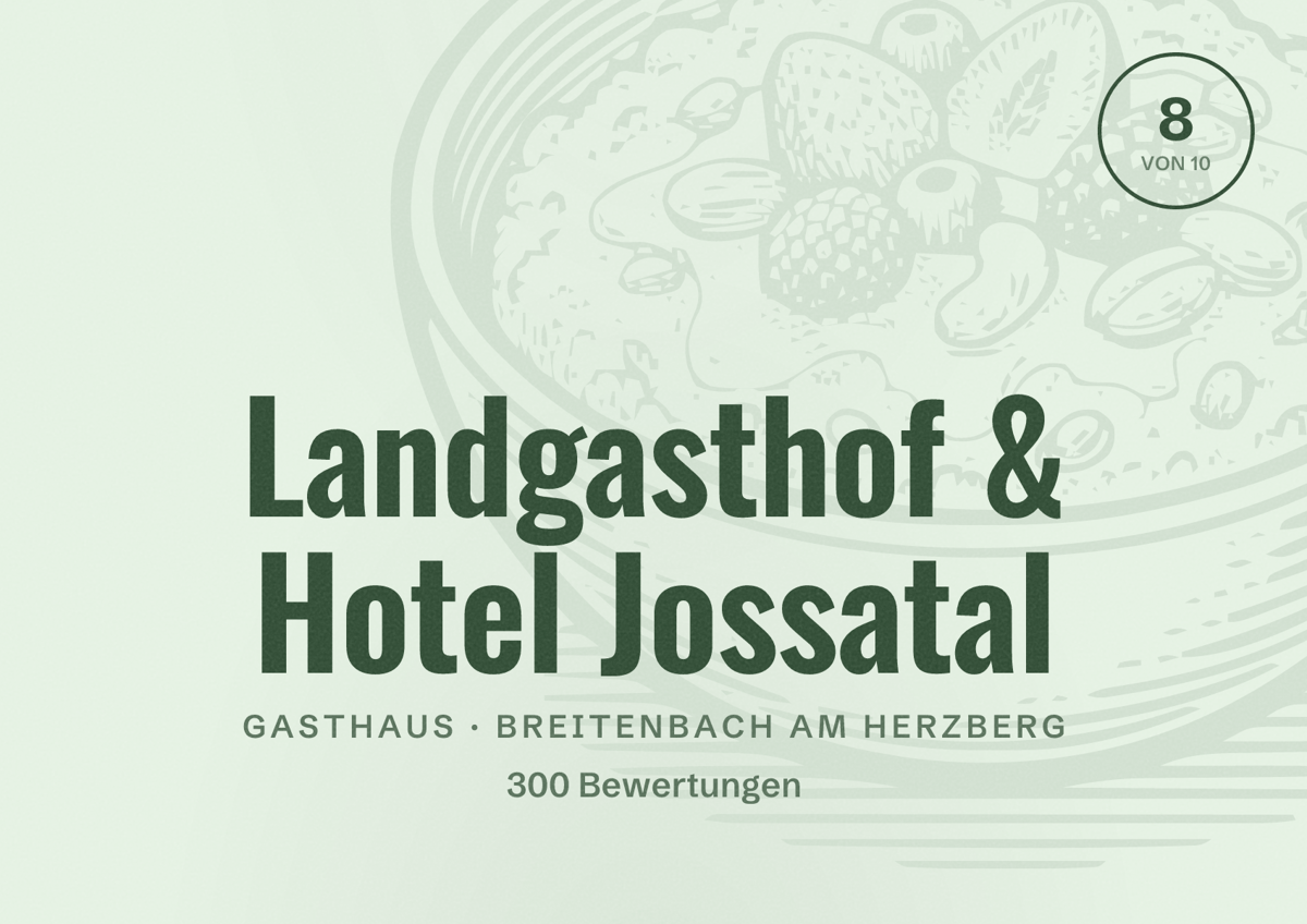 Illustriertes Poster von Landgasthof & Hotel Jossatal, Gasthaus in Breitenbach am Herzberg: Bewertung 8 von 10 aus 300 Bewertungen