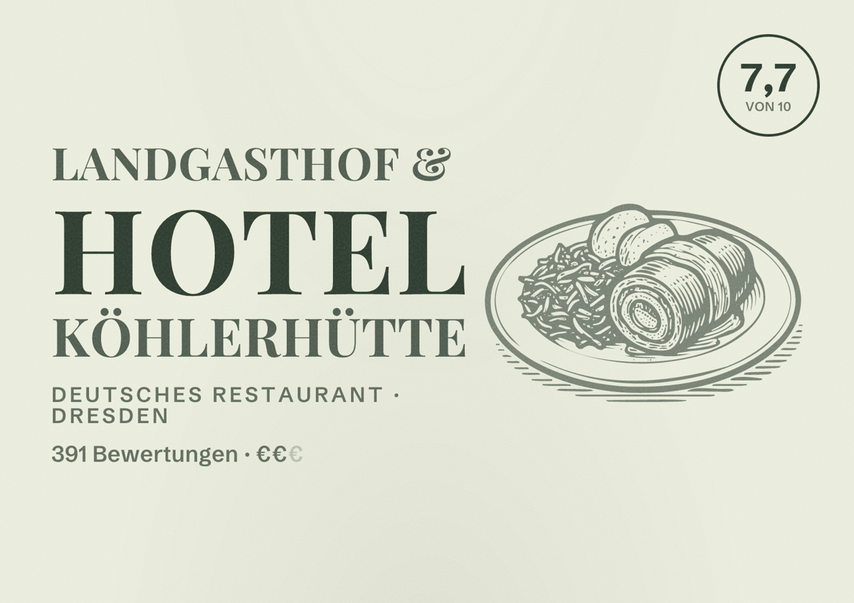 Illustriertes Poster von Landgasthof & Hotel Köhlerhütte, Deutsches Restaurant in Dresden: Bewertung 7,7 von 10 aus 391 Bewertungen, Preisniveau €€