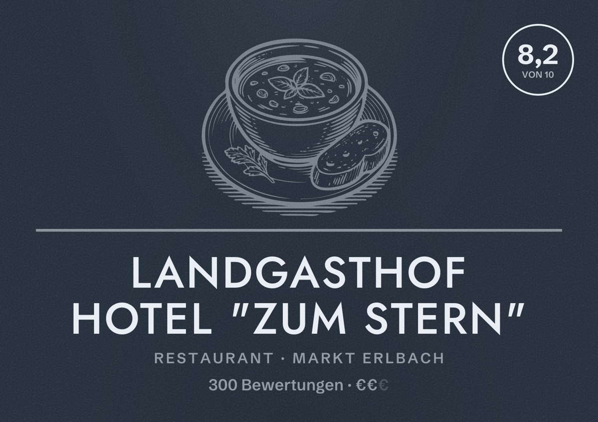 Illustriertes Poster von Landgasthof Hotel "Zum Stern", Restaurant in Markt Erlbach: Bewertung 8,2 von 10 aus 300 Bewertungen, Preisniveau €€