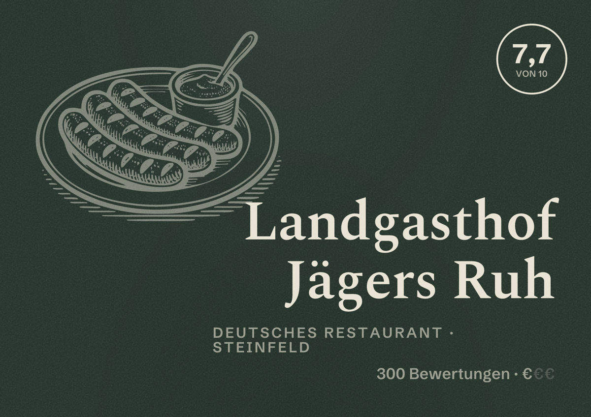 Illustriertes Poster von Landgasthof Jägers Ruh, Deutsches Restaurant in Steinfeld: Bewertung 7,7 von 10 aus 300 Bewertungen, Preisniveau €