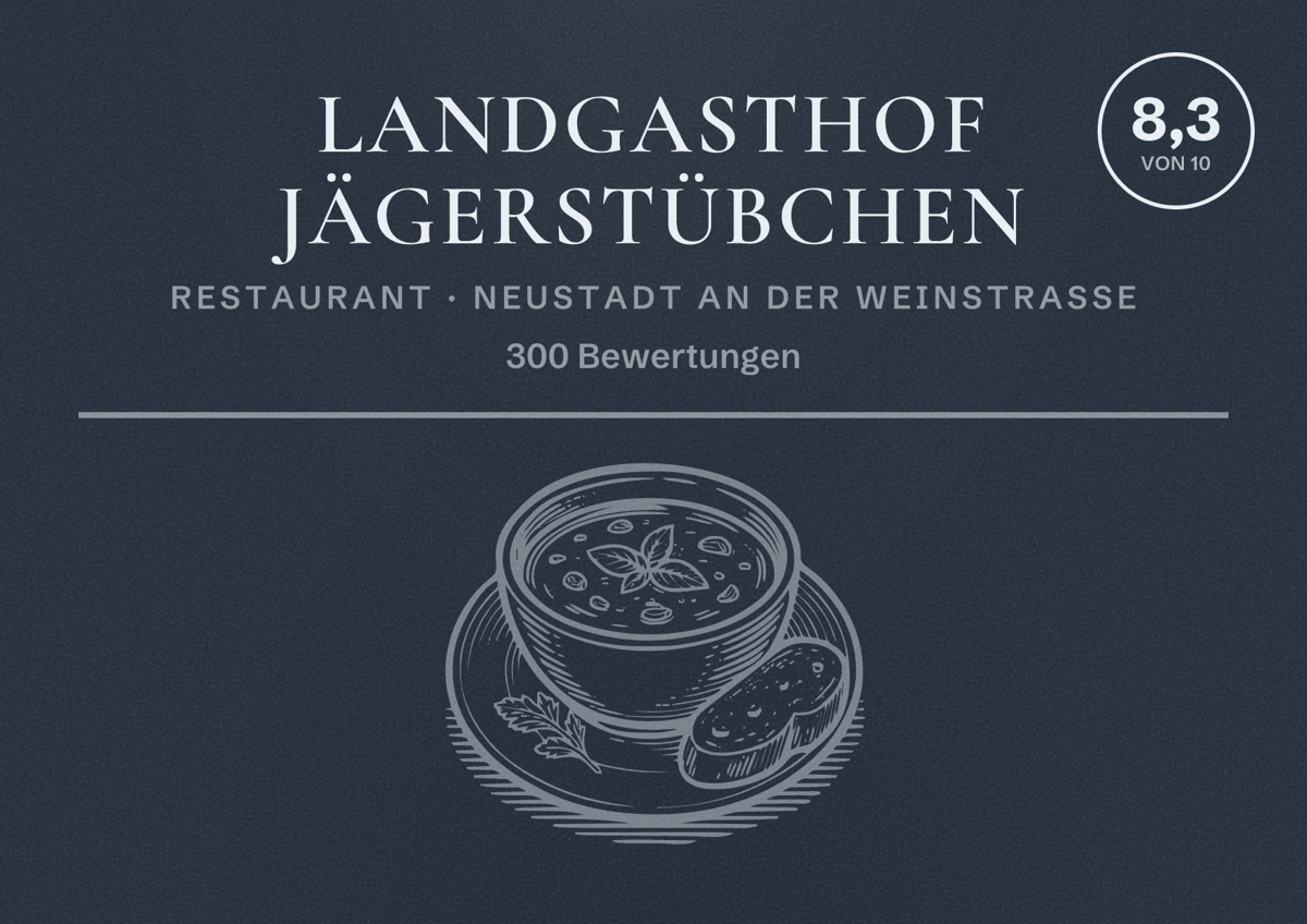 Illustriertes Poster von Landgasthof Jägerstübchen, Restaurant in Neustadt an der Weinstraße: Bewertung 8,3 von 10 aus 300 Bewertungen