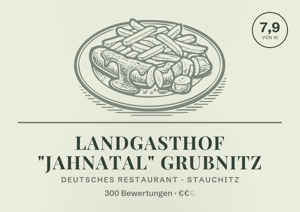 Illustriertes Poster von Landgasthof "Jahnatal" Grubnitz, Deutsches Restaurant in Stauchitz: Bewertung 7,9 von 10 aus 300 Bewertungen, Preisniveau €€