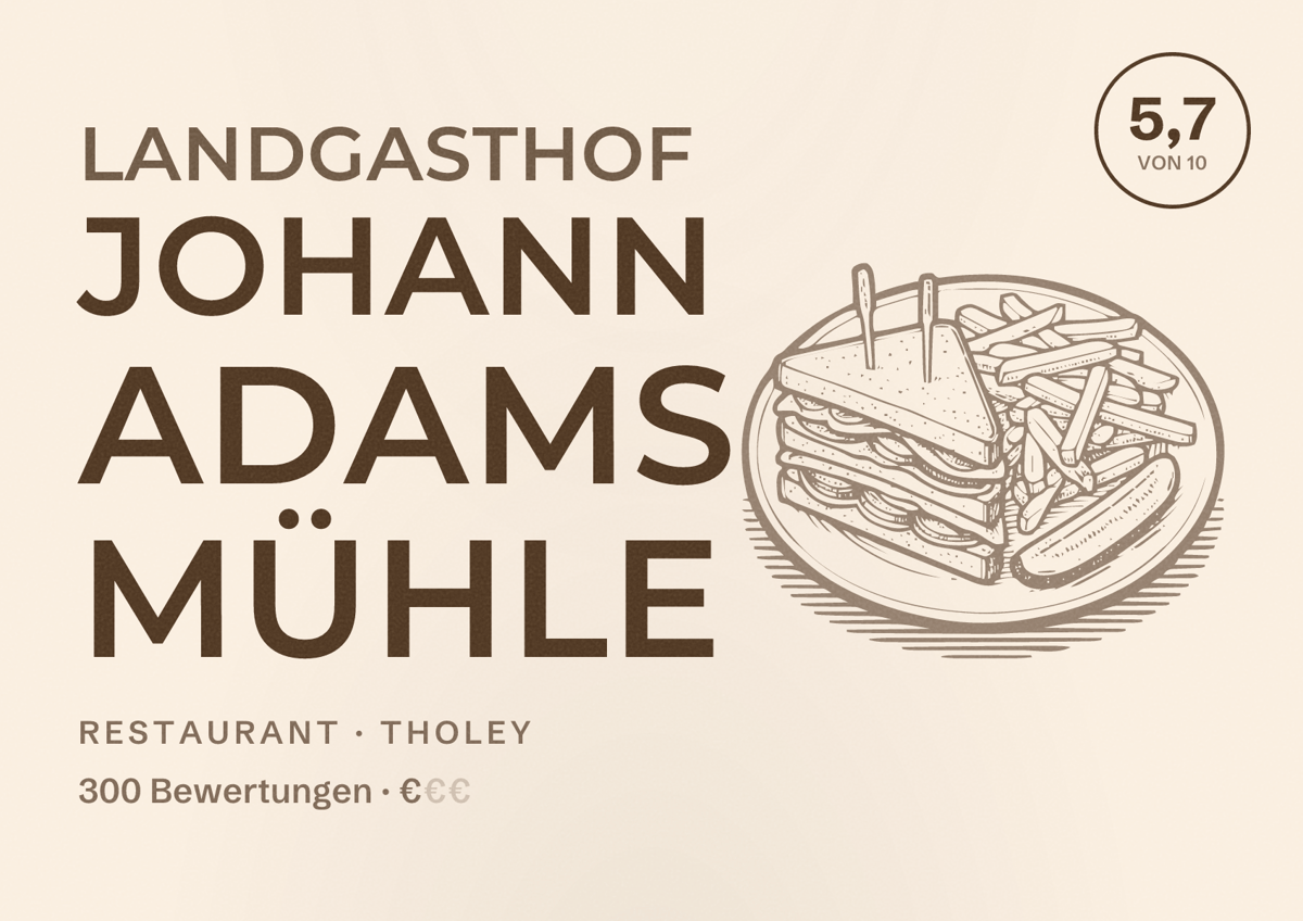 Illustriertes Poster von Landgasthof Johann Adams Mühle, Restaurant in Tholey: Bewertung 5,7 von 10 aus 300 Bewertungen, Preisniveau €
