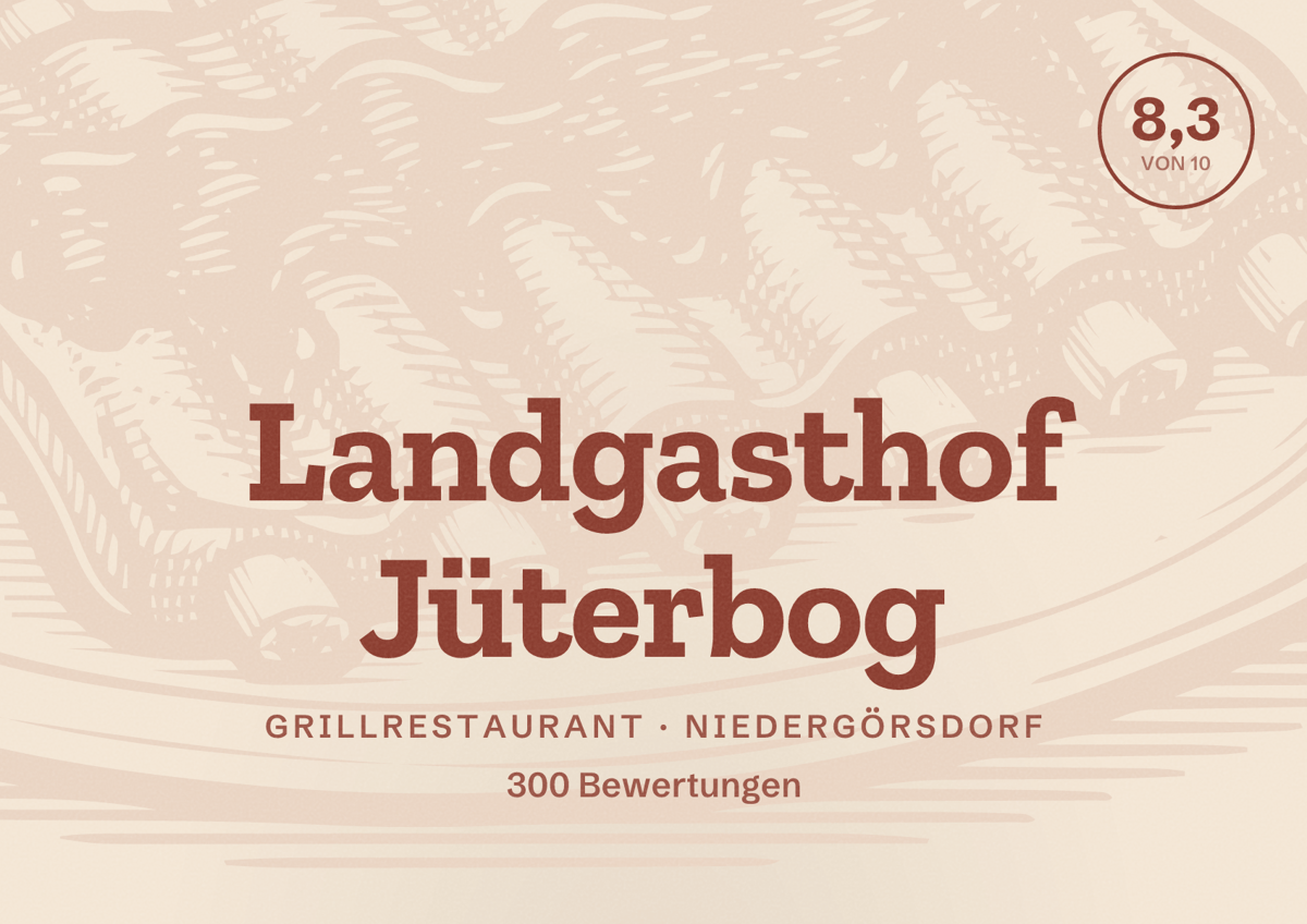 Illustriertes Poster von Landgasthof Jüterbog, Grillrestaurant in Niedergörsdorf: Bewertung 8,3 von 10 aus 300 Bewertungen