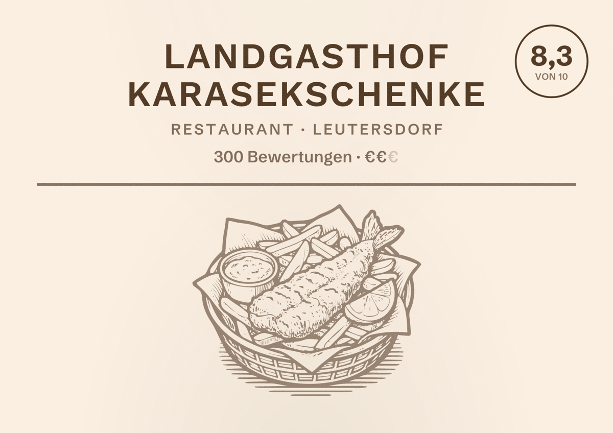 Illustriertes Poster von Landgasthof Karasekschenke, Restaurant in Leutersdorf: Bewertung 8,3 von 10 aus 300 Bewertungen, Preisniveau €€