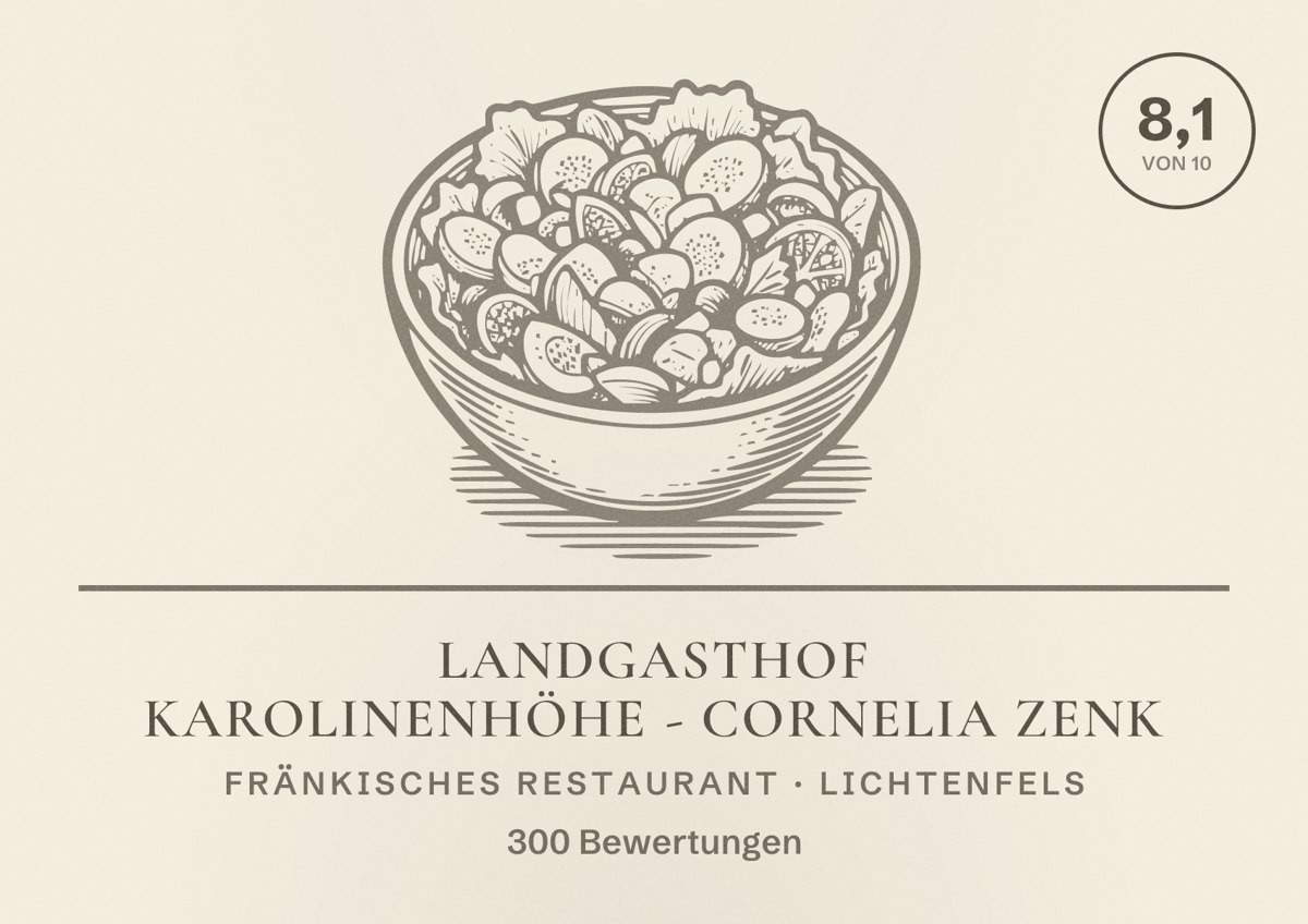 Illustriertes Poster von Landgasthof Karolinenhöhe - Cornelia Zenk, Fränkisches Restaurant in Lichtenfels: Bewertung 8,1 von 10 aus 300 Bewertungen