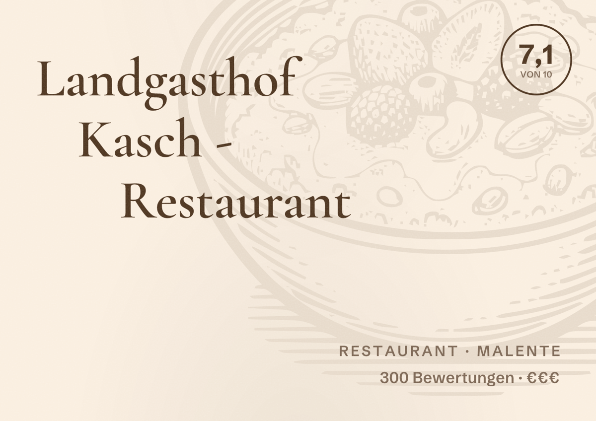 Illustriertes Poster von Landgasthof Kasch - Restaurant, Restaurant in Malente: Bewertung 7,1 von 10 aus 300 Bewertungen, Preisniveau €€€