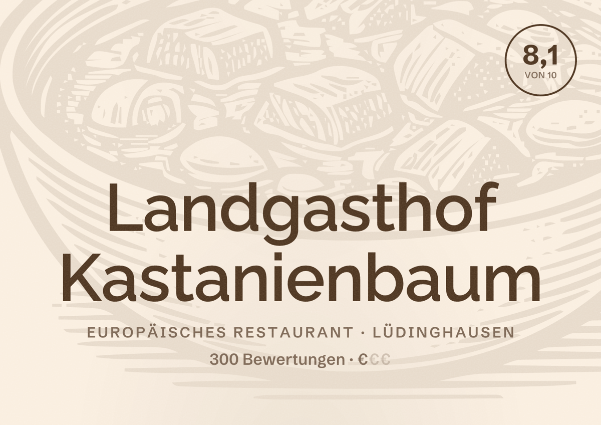 Illustriertes Poster von Landgasthof Kastanienbaum, Europäisches Restaurant in Lüdinghausen: Bewertung 8,1 von 10 aus 300 Bewertungen, Preisniveau €