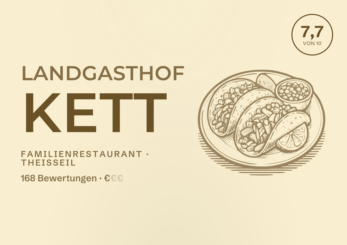 Illustriertes Poster von Landgasthof Kett, Familienrestaurant in Theisseil: Bewertung 7,7 von 10 aus 168 Bewertungen, Preisniveau €