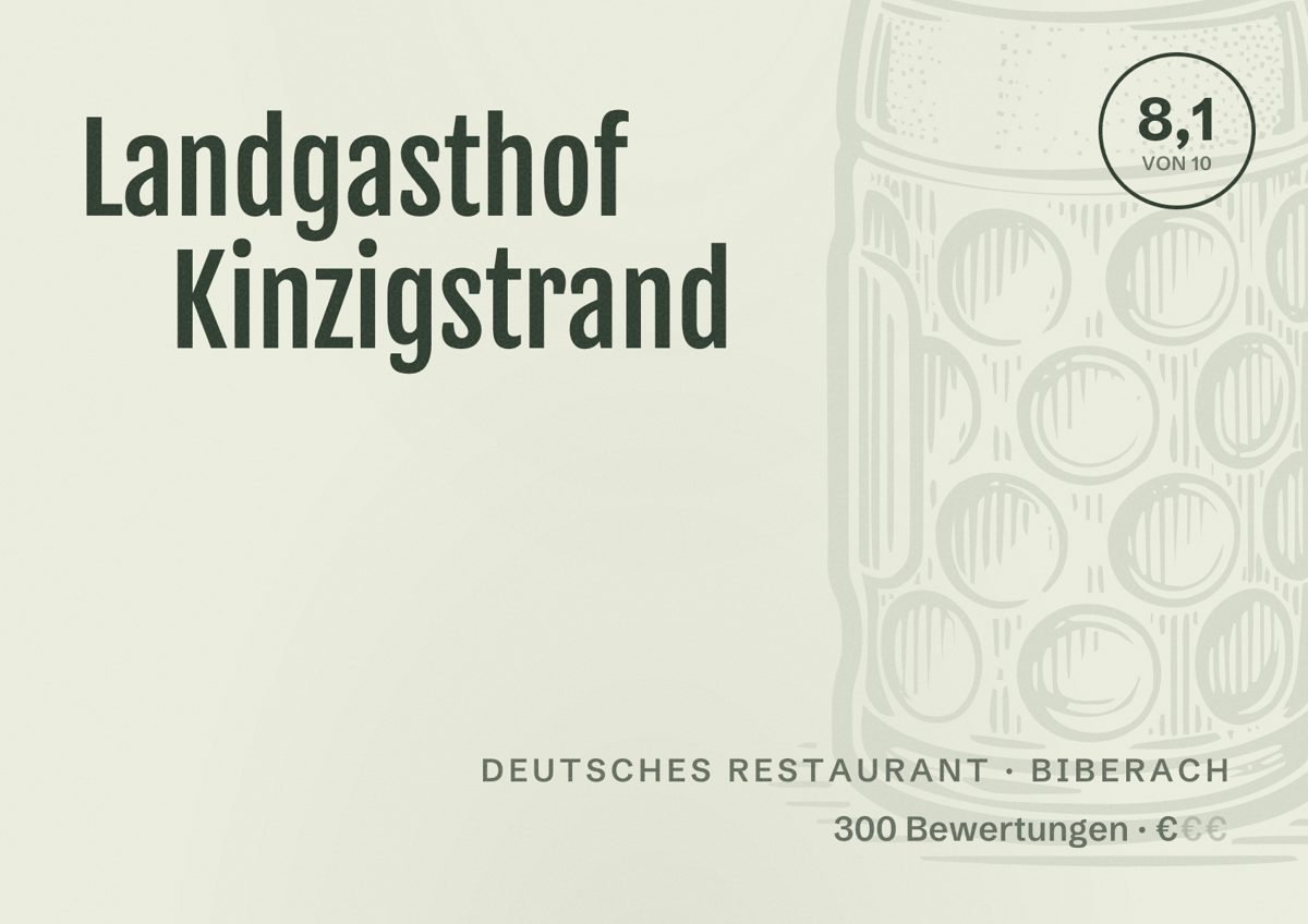 Illustriertes Poster von Landgasthof Kinzigstrand, Deutsches Restaurant in Biberach: Bewertung 8,1 von 10 aus 300 Bewertungen, Preisniveau €