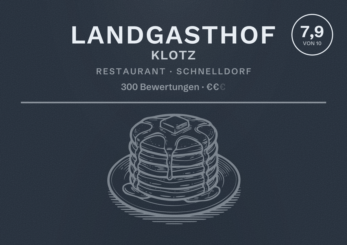 Illustriertes Poster von Landgasthof Klotz, Restaurant in Schnelldorf: Bewertung 7,9 von 10 aus 300 Bewertungen, Preisniveau €€