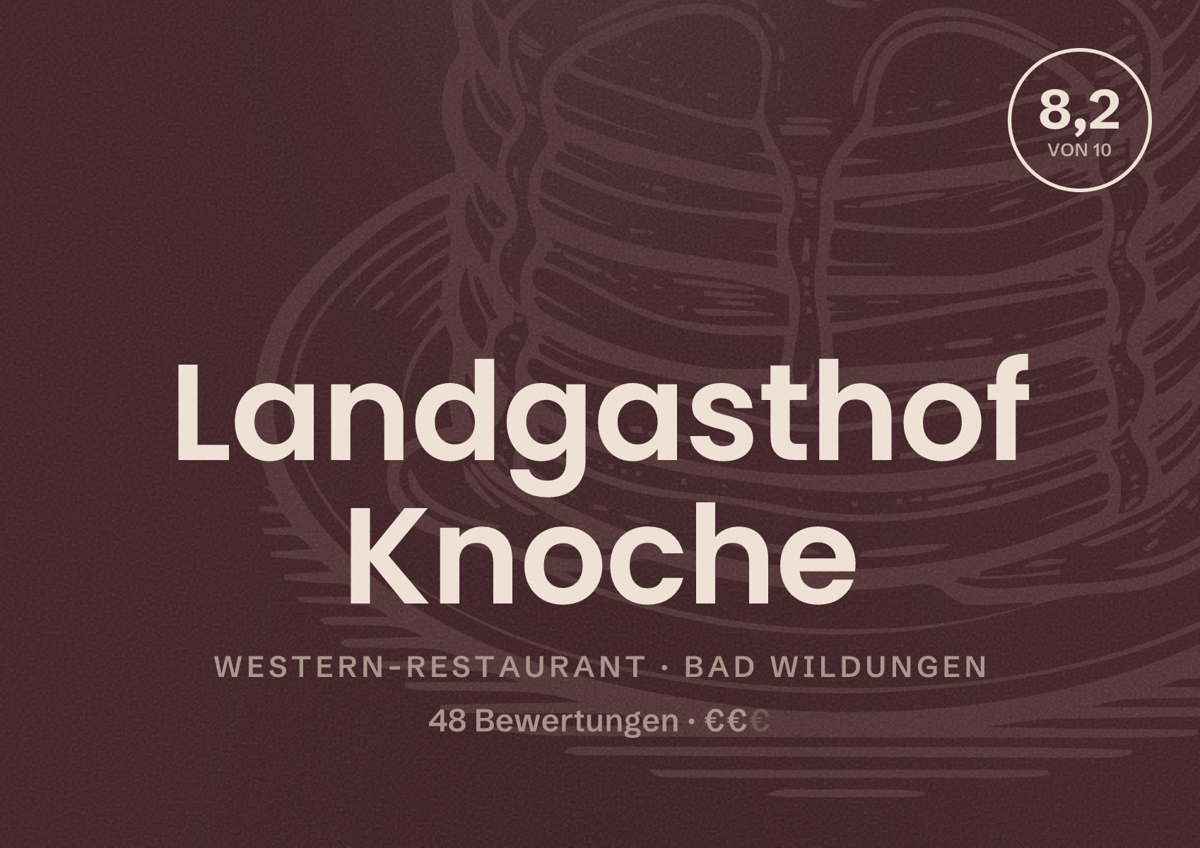 Illustriertes Poster von Landgasthof Knoche, Western-Restaurant in Bad Wildungen: Bewertung 8,2 von 10 aus 48 Bewertungen, Preisniveau €€