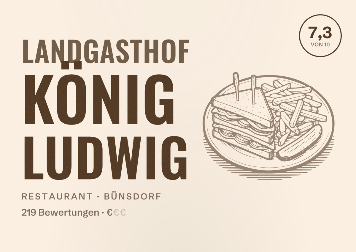 Illustriertes Poster von Landgasthof König Ludwig, Restaurant in Bünsdorf: Bewertung 7,3 von 10 aus 219 Bewertungen, Preisniveau €