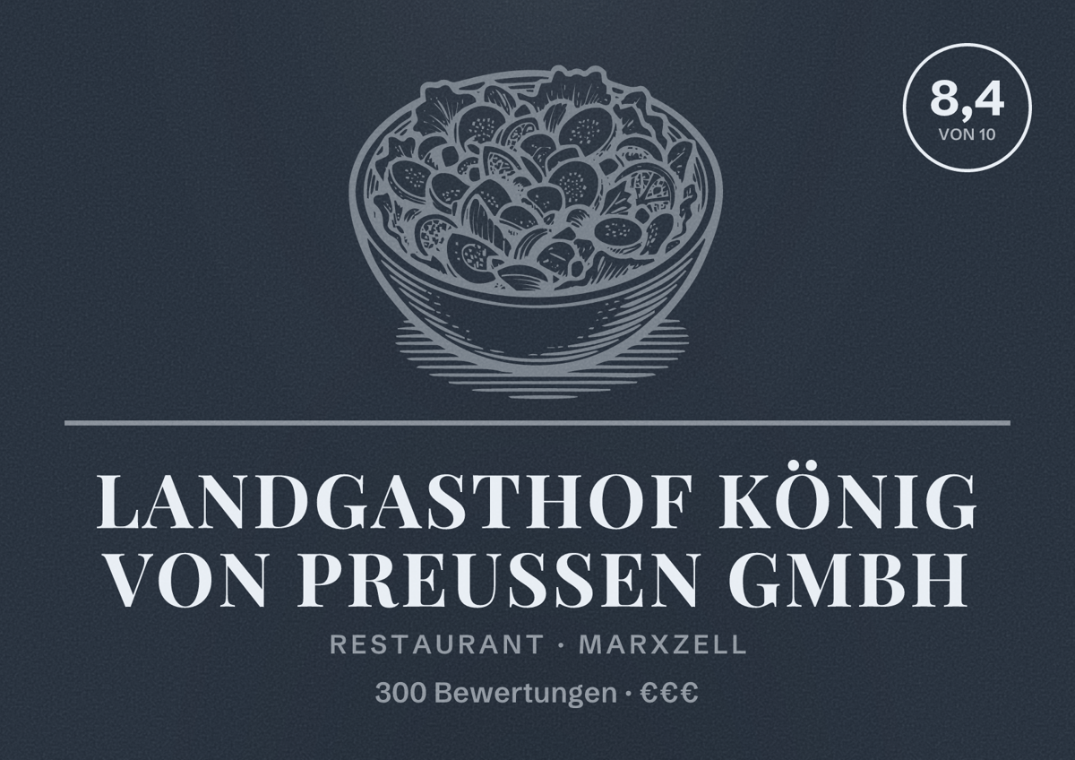 Illustriertes Poster von Landgasthof König von Preussen GmbH, Restaurant in Marxzell: Bewertung 8,4 von 10 aus 300 Bewertungen, Preisniveau €€€