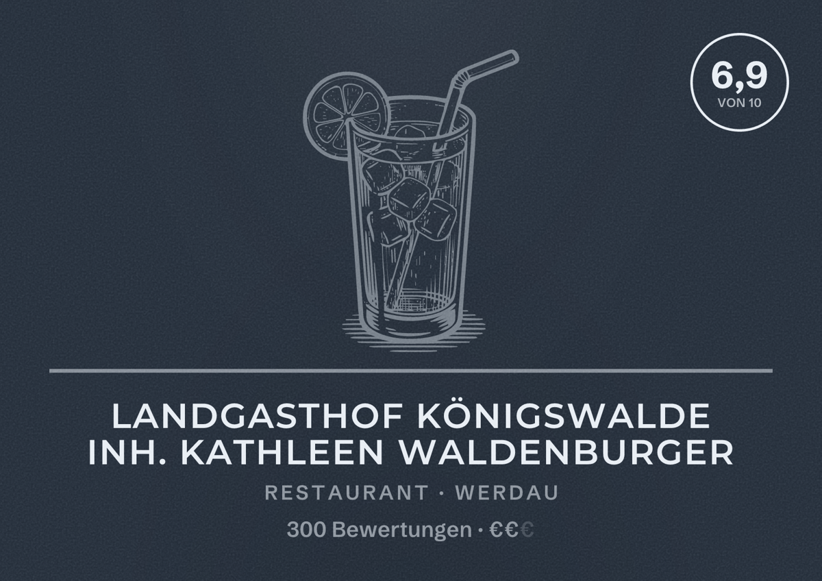 Illustriertes Poster von Landgasthof Königswalde Inh. Kathleen Waldenburger, Restaurant in Werdau: Bewertung 6,9 von 10 aus 300 Bewertungen, Preisniveau €€