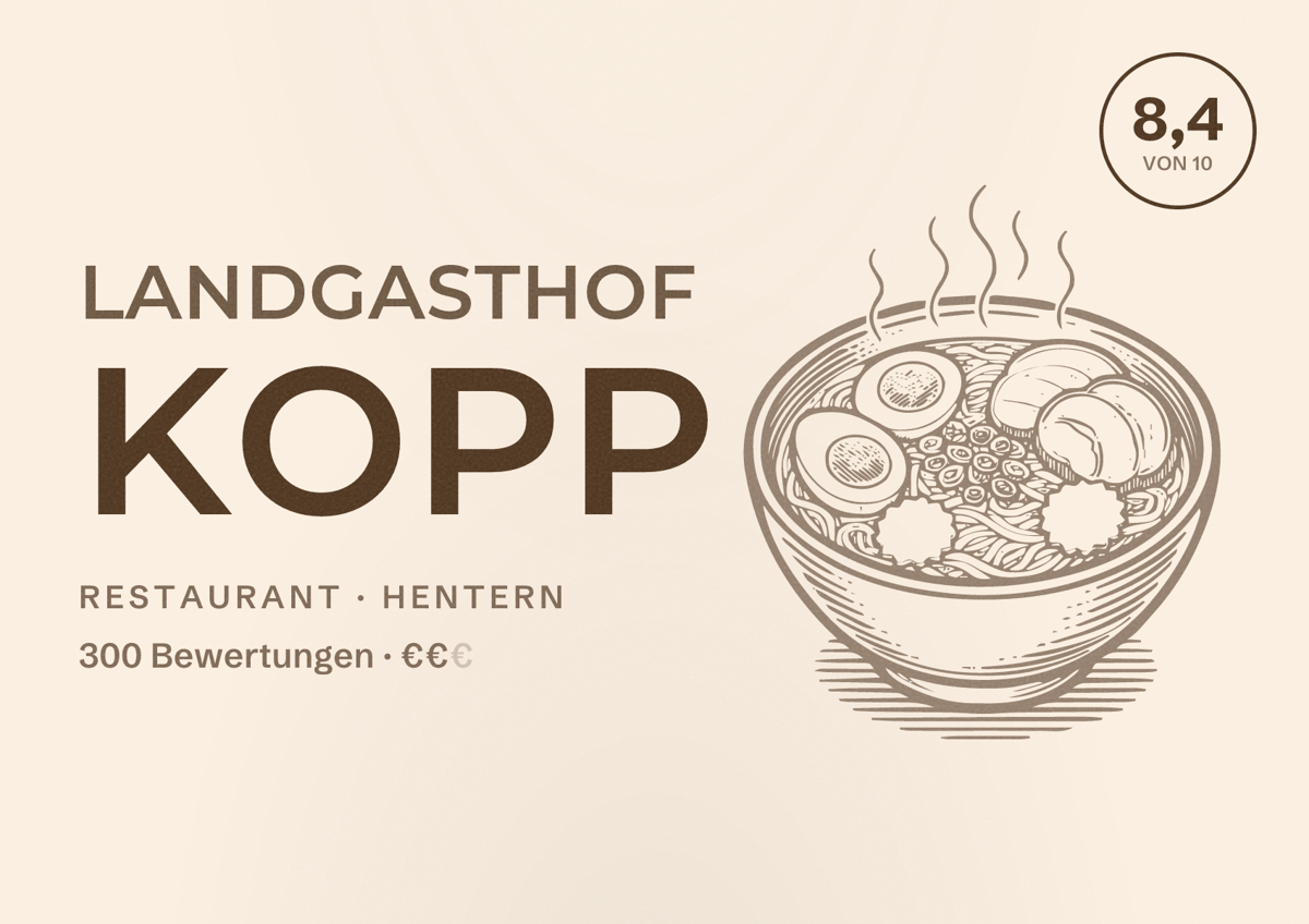 Illustriertes Poster von Landgasthof Kopp, Restaurant in Hentern: Bewertung 8,4 von 10 aus 300 Bewertungen, Preisniveau €€