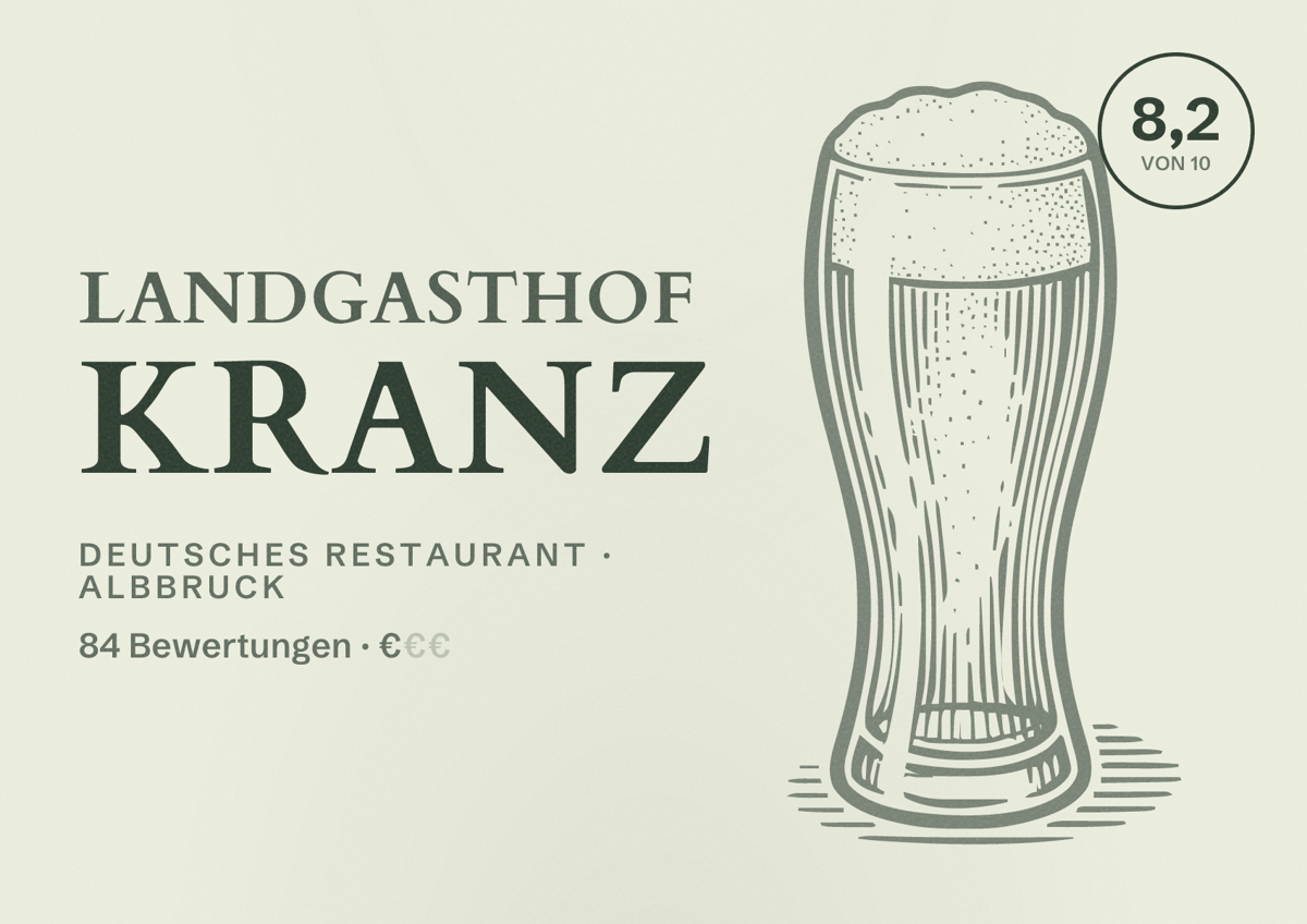 Illustriertes Poster von Landgasthof Kranz, Deutsches Restaurant in Albbruck: Bewertung 8,2 von 10 aus 84 Bewertungen, Preisniveau €