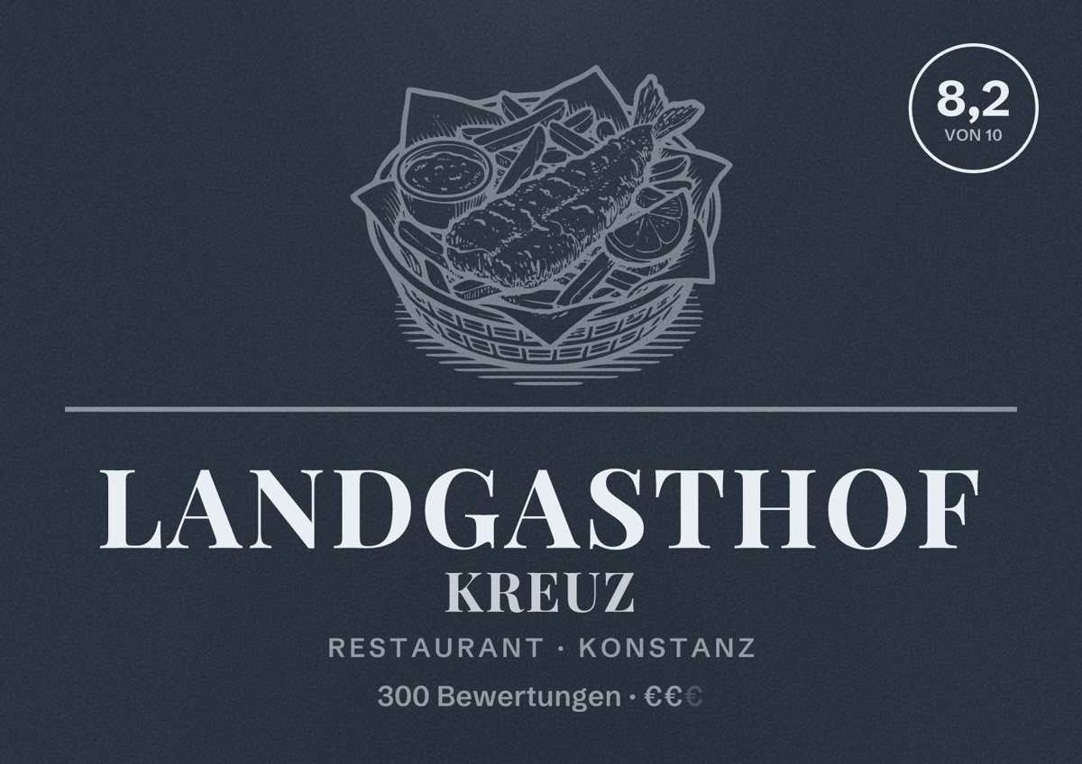 Illustriertes Poster von Landgasthof Kreuz, Restaurant in Konstanz: Bewertung 8,2 von 10 aus 300 Bewertungen, Preisniveau €€
