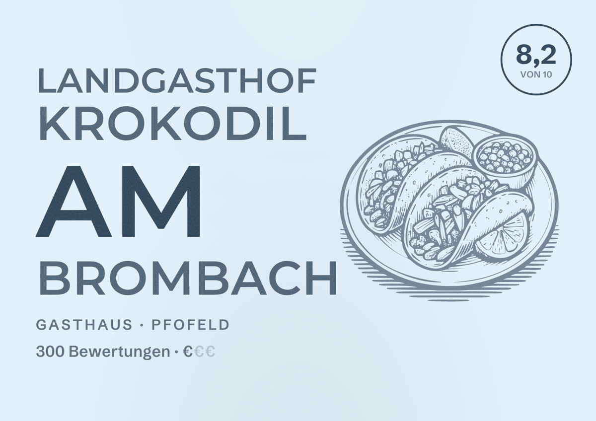 Illustriertes Poster von Landgasthof Krokodil Am Brombach, Gasthaus in Pfofeld: Bewertung 8,2 von 10 aus 300 Bewertungen, Preisniveau €