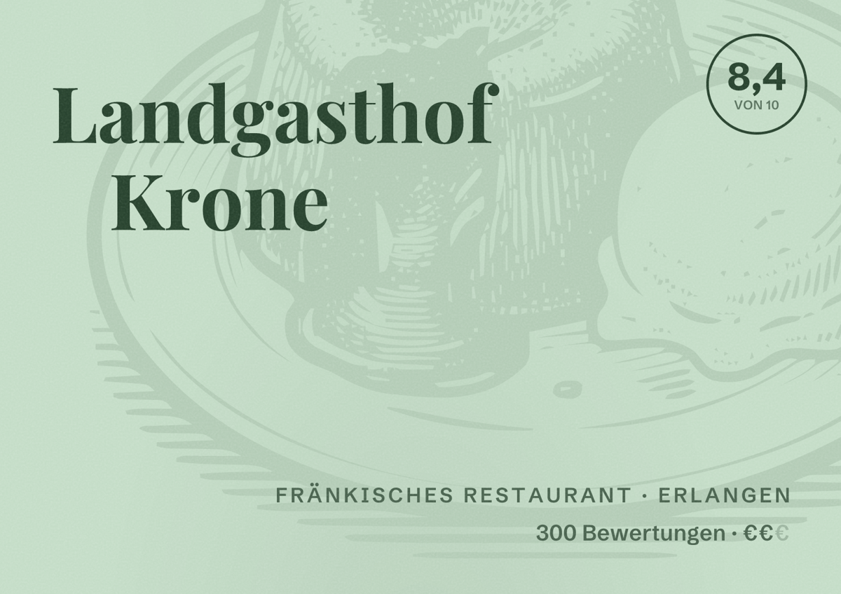 Illustriertes Poster von Landgasthof Krone, Fränkisches Restaurant in Erlangen: Bewertung 8,4 von 10 aus 300 Bewertungen, Preisniveau €€
