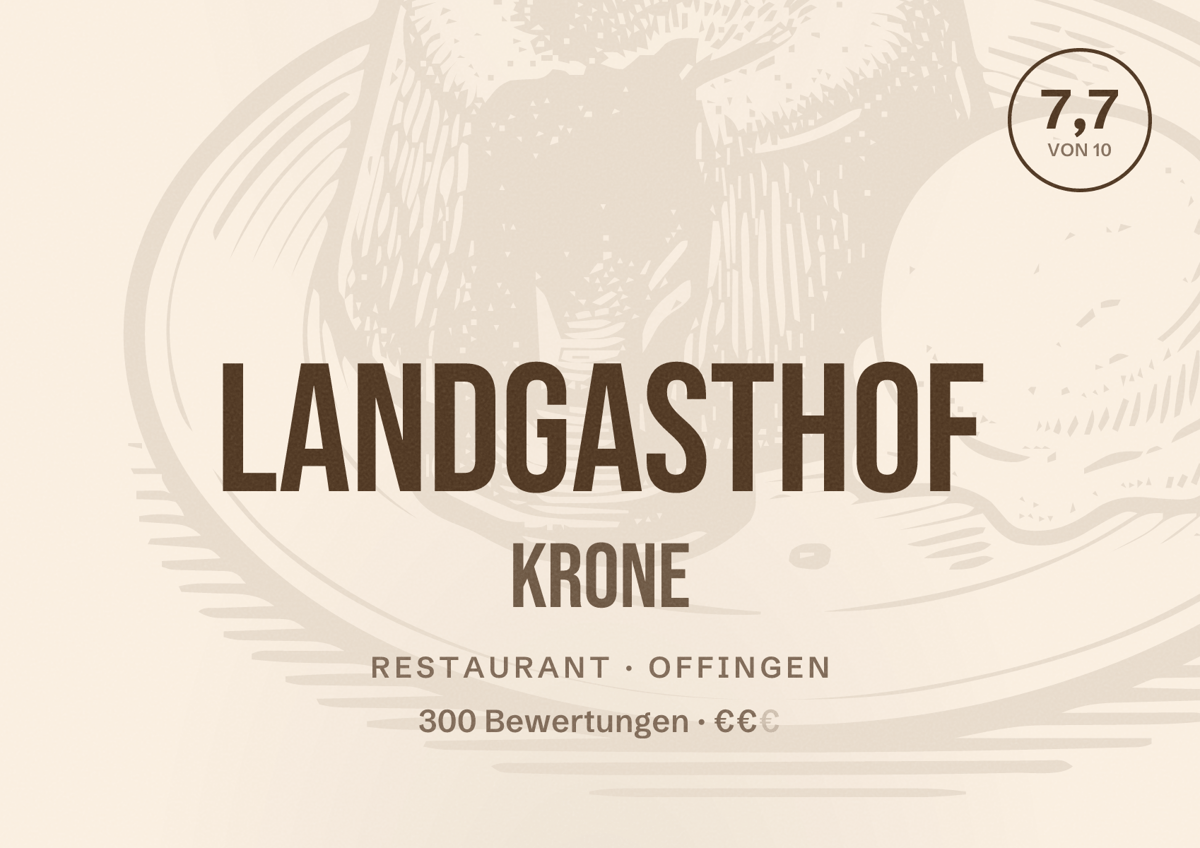 Illustriertes Poster von Landgasthof Krone, Restaurant in Offingen: Bewertung 7,7 von 10 aus 300 Bewertungen, Preisniveau €€
