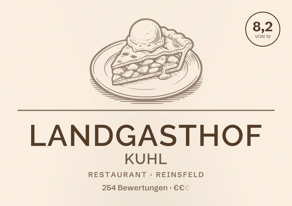 Illustriertes Poster von Landgasthof Kuhl, Restaurant in Reinsfeld: Bewertung 8,2 von 10 aus 254 Bewertungen, Preisniveau €€