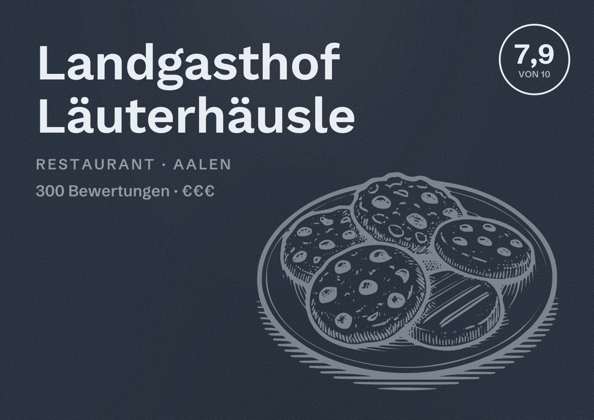 Illustriertes Poster von Landgasthof Läuterhäusle, Restaurant in Aalen: Bewertung 7,9 von 10 aus 300 Bewertungen, Preisniveau €€€