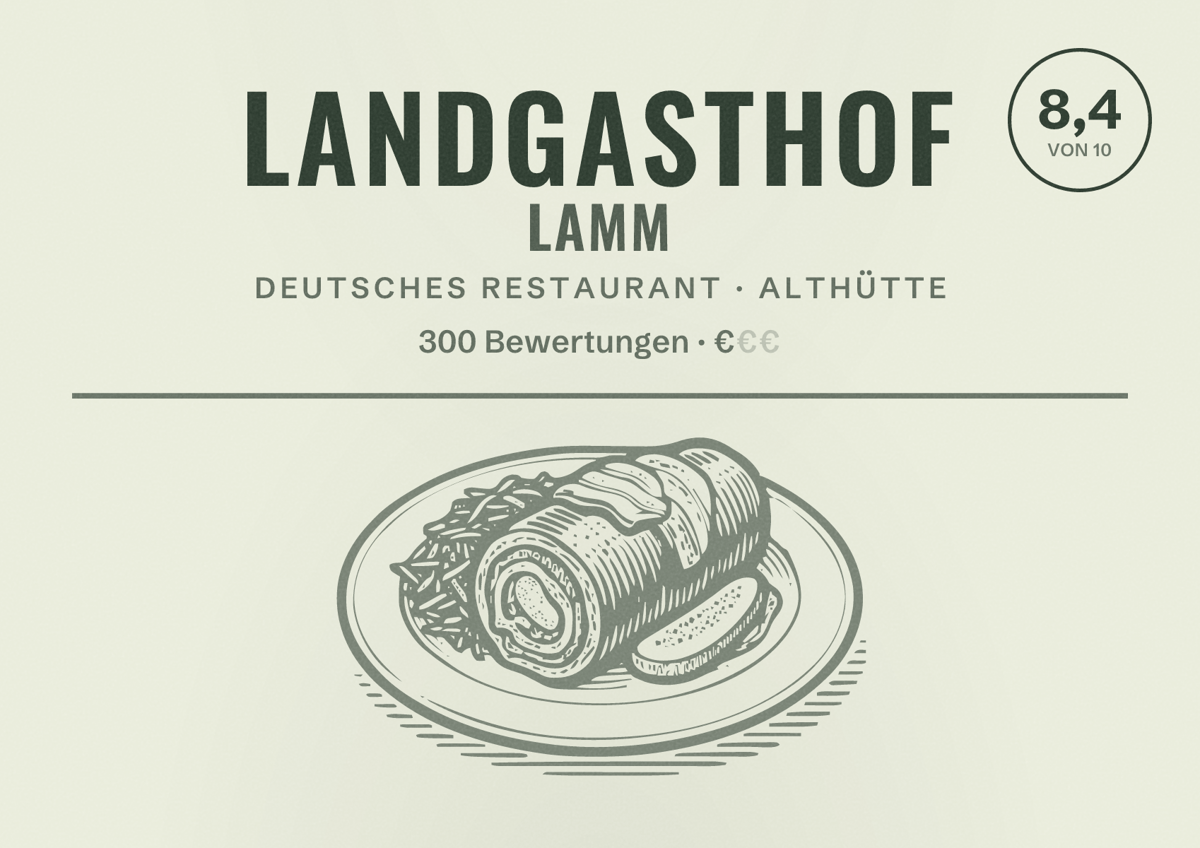 Illustriertes Poster von Landgasthof Lamm, Deutsches Restaurant in Althütte: Bewertung 8,4 von 10 aus 300 Bewertungen, Preisniveau €