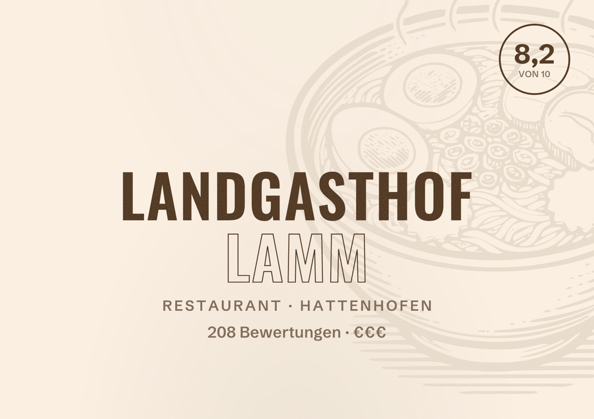 Illustriertes Poster von Landgasthof Lamm, Restaurant in Hattenhofen: Bewertung 8,2 von 10 aus 208 Bewertungen, Preisniveau €€€