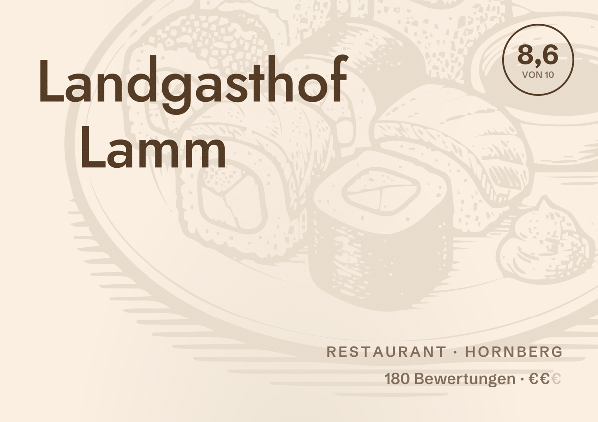 Illustriertes Poster von Landgasthof Lamm, Restaurant in Hornberg: Bewertung 8,6 von 10 aus 180 Bewertungen, Preisniveau €€