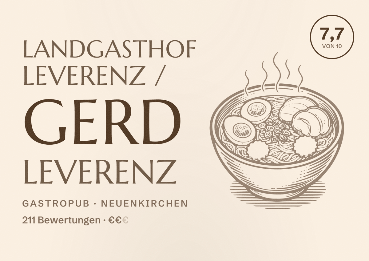 Illustriertes Poster von Landgasthof Leverenz / Gerd Leverenz, Gastropub in Neuenkirchen: Bewertung 7,7 von 10 aus 211 Bewertungen, Preisniveau €€