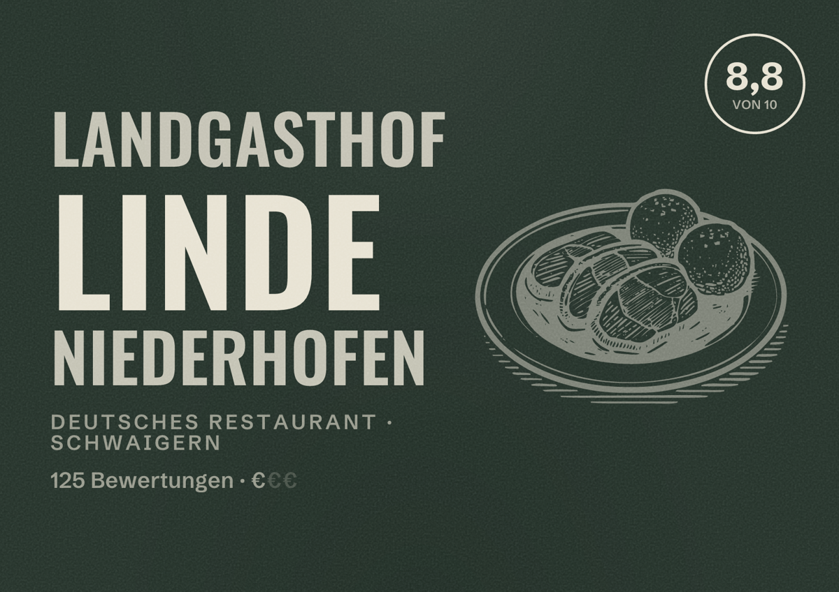 Illustriertes Poster von Landgasthof Linde Niederhofen, Deutsches Restaurant in Schwaigern: Bewertung 8,8 von 10 aus 125 Bewertungen, Preisniveau €