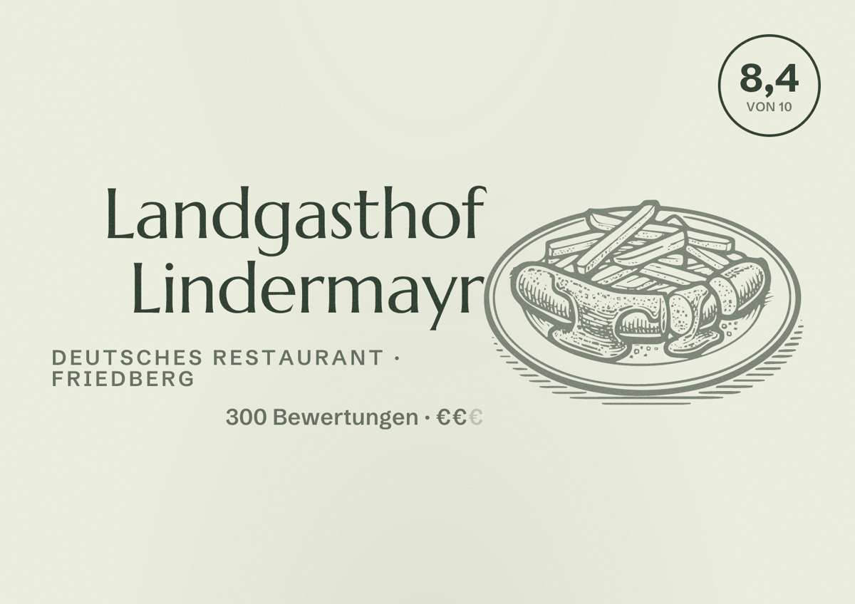 Illustriertes Poster von Landgasthof Lindermayr, Deutsches Restaurant in Friedberg: Bewertung 8,4 von 10 aus 300 Bewertungen, Preisniveau €€